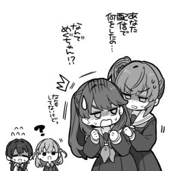 Rule 34 | 4girls, ?, ^^^, black eyes, check commentary, chibi, clenched hands, clueless, commentary request, dress, eyebrows hidden by hair, flower, flying sweatdrops, fujishima megumi, greyscale, hair flower, hair ornament, hands on another&#039;s shoulders, hasu no sora school uniform, hinoshita kaho, jealous, link! like! love live!, long hair, long sleeves, love live!, low twintails, medium hair, mezashi (mezamashi set), monochrome, motion lines, multiple girls, murano sayaka, neckerchief, open mouth, otomune kozue, pleated dress, rabbit hair ornament, sailor collar, sailor dress, school uniform, shaded face, side ahoge, side ponytail, simple background, solid circle eyes, sweat, sweatdrop, translation request, turn pale, twintails, upper body, v-shaped eyebrows, white background, winter uniform, worried