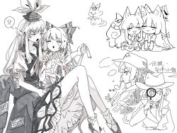 2girls :3 alternate_costume anger_vein animal_ears bandages bleeding blood blush bow cat_ears coat cuts detective dress ex-keine fujiwara_no_mokou greyscale hair_bow hat highres holding holding_magnifying_glass injury kamishirasawa_keine kemonomimi_mode long_hair magnifying_glass monochrome multiple_girls ofuda ofuda_on_clothes ofuda_on_head open_mouth pants shirt smile smoking smoking_pipe spoken_anger_vein suspenders tail touhou very_long_hair white_background youshouhaoxianzhe