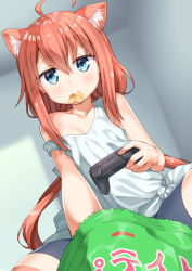 Rule 34 | 1girl, absurdres, ahoge, animal ears, bike shorts, blue eyes, cat ears, chips (food), collarbone, commentary request, controller, eyes visible through hair, food, food in mouth, game controller, hair between eyes, highres, hinata channel, long hair, looking at viewer, low twintails, miyabi (miyabeeya), mouth hold, nekomiya hinata, potato chips, red hair, shirt, sitting, solo, strap slip, tank top, twintails, very long hair, virtual youtuber, white shirt