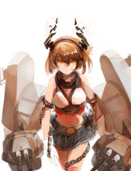 Rule 34 | 10s, 1girl, bare shoulders, belt, brown hair, cannon, chain, custom (cus-tom), gloves, hair between eyes, headgear, kantai collection, midriff, miniskirt, mutsu (kancolle), red thighhighs, short hair, skirt, solo, thighhighs, white gloves, yellow eyes