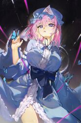 Rule 34 | 1girl, amari, black bow, blue dress, blue headwear, bow, breasts, bug, butterfly, dress, highres, insect, large breasts, open mouth, pink hair, purple eyes, saigyouji yuyuko, solo, touhou