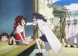 Rule 34 | 10s, 2girls, 4boys, :d, a (kyousougiga), animated, animated gif, belt, bow, brown eyes, brown hair, crossed legs, fedora, formal, goggles, hair bow, hat, koto (kyousougiga), kyousougiga, lab coat, long hair, looking at another, lowres, multiple boys, multiple girls, necktie, open mouth, ponytail, professor shouko, punching, purple hair, shirt, shoes, short hair, shorts, sitting, skirt, sliding doors, smile, socks, standing, striped clothes, striped shirt, suit, sunglasses, tank top, tatami, twintails, un (kyousougiga), white legwear
