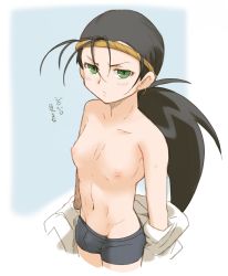 Rule 34 | 1boy, androgynous, bad id, bad pixiv id, bakusou kyoudai let&#039;s &amp; go!!, black hair, breasts, bulge, byoukitakashi, collarbone, green eyes, groin, long hair, looking at viewer, male focus, midriff, navel, nipples, ponytail, puffy chest, small breasts, solo, standing, stomach, takaba ryo, takaba ryou, translated, trap, undressing, wet spot