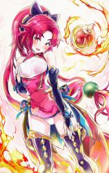 Rule 34 | 1girl, armband, bad id, bad pixiv id, breasts, china dress, chinese clothes, dress, fire, floating, floating object, hand on own chest, kamemushi (hoozuki), long hair, looking at viewer, loretta (sennen sensou aigis), orb, panties, red eyes, red hair, sennen sensou aigis, solo, underwear, very long hair, white panties