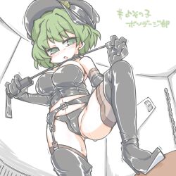 Rule 34 | 1girl, absurdres, akina-chan, blush, boots, breasts, cleavage, dominatrix, garter straps, gloves, green eyes, green hair, highres, kureha mitsushige, large breasts, leg lift, legs, looking at viewer, mature female, navel, original, short hair, solo, sweat, thick thighs, thighs, whip