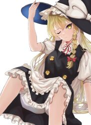 Rule 34 | 1girl, absurdres, adjusting clothes, apron, black dress, black hat, blonde hair, bloomers, bow, braid, dress, erisauria, hair bow, hat, highres, kirisame marisa, lens flare, looking at viewer, one eye closed, red bow, shirt, short sleeves, single braid, solo, touhou, underwear, white apron, white background, white bloomers, white bow, white shirt, witch hat, yellow eyes
