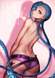 Rule 34 | 1girl, ass, back, bare back, belt, blue hair, braid, character name, choker, closed mouth, cowboy shot, dimples of venus, gun, holster, jinx (league of legends), league of legends, long hair, oopartz yang, pink background, pink eyes, pink lips, pink shorts, shadow, short shorts, shorts, simple background, solo, tattoo, topless, twin braids, very long hair, weapon