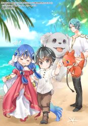 &gt;_&lt; 1girl 2boys animal beach black_hair black_pants blue_hair blue_sky blurry blurry_background boots brown_pants character_request chicchai_shito_to_dekkai_inu_wa_nonbiri_isekai_wo_tabi_shimasu closed_eyes closed_mouth cloud day depth_of_field dog dragon dress flying_sweatdrops grey_eyes grey_footwear hair_between_eyes hand_up horizon kuga_tsukasa long_hair minato_(chicchai_shito) multicolored_hair multiple_boys ocean official_art open_mouth outdoors palm_tree pants pointing puffy_short_sleeves puffy_sleeves red_dress red_footwear sand shirt shoes short_sleeves sky smile starfish streaked_hair taro_(chicchai_shito) translation_request tree very_long_hair water white_shirt