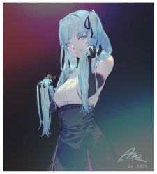 Rule 34 | 1girl, amo (silent bomb19), bare shoulders, black gloves, black skirt, blonde hair, blue eyes, blue hair, border, bright pupils, dated, elbow gloves, gloves, hair ribbon, hands in hair, hatsune miku, high-waist skirt, long hair, looking at viewer, pink ribbon, ribbon, shirt, signature, skirt, smile, solo, standing, twintails, vocaloid, white border, white shirt