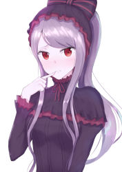 Rule 34 | 1girl, black bow, black dress, blush, bow, breasts, closed mouth, dress, fang, fang out, finger to mouth, fingernails, hair bow, index finger raised, kubong, long hair, long sleeves, looking at viewer, overlord (maruyama), red eyes, shalltear bloodfallen, silver hair, simple background, small breasts, solo, striped, striped bow, upper body, very long hair, white background