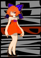 Rule 34 | 1girl, alternate costume, bandaged neck, bandages, bare shoulders, black background, black footwear, bow, breasts, character name, commentary request, dress, full body, high heels, highres, legs, one eye closed, red dress, red eyes, red hair, see-through, sekibanki, shoes, short dress, short hair, simple background, solo, sparkle, touhou, yt (wai-tei)