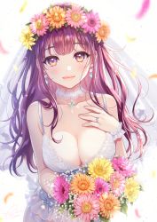 Rule 34 | 1girl, bare arms, bare shoulders, blush, bouquet, bow, breasts, bridal veil, brown flower, choker, cleavage, closed mouth, collarbone, commentary request, dress, earrings, flower, flower wreath, garter straps, hair flower, hair ornament, hand on own chest, hand up, happy tears, head wreath, highres, holding, holding bouquet, jewelry, large breasts, light particles, long hair, looking at viewer, medium breasts, morikura en, original, ornate ring, petals, pink flower, pink lips, purple eyes, purple flower, purple hair, red eyes, ring, see-through, signature, sleeveless, sleeveless dress, smile, solo, tears, veil, wedding ring, white background, white bow, white choker, white dress, wrist cuffs, yellow flower