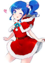 Rule 34 | 1girl, aikatsu!, aikatsu! (series), arms at sides, belt, blue eyes, blue hair, blue ribbon, breasts, capelet, christmas, colored eyelashes, cowboy shot, dress, fur-trimmed capelet, fur-trimmed dress, fur-trimmed hood, fur trim, hair ornament, hood, hood down, hooded capelet, kiriya aoi, light blush, looking at viewer, mo sabo, one eye closed, pom pom (clothes), pom pom hair ornament, red belt, red capelet, red dress, ribbon, santa dress, short dress, short hair, side ponytail, sidelocks, simple background, small breasts, smile, solo, swept bangs, wavy hair, white background, wink