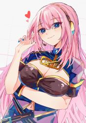 1girl absurdres blue_eyes blue_nails breasts cleavage cleavage_cutout closed_mouth clothing_cutout commentary english_commentary headphones heart highres large_breasts long_hair looking_at_viewer megurine_luka megurine_luka_(sp) navel navel_cutout piapro pink_hair short_sleeves smile solo sshooooe twitter_username very_long_hair vocaloid wireless_microphone