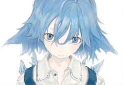 Rule 34 | 1girl, blue eyes, blue hair, cirno, collared shirt, commentary, hair between eyes, ice, ice wings, looking at viewer, matching hair/eyes, portrait, shirt, short hair, simple background, smile, solo, touhou, vest, white background, wings, yukima (yushika)