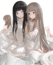 Rule 34 | 4girls, arm hug, bare legs, barefoot, black choker, black hair, black nails, blue eyes, brown eyes, brown hair, choker, collarbone, commentary, dress, es-ther, highres, long hair, long sleeves, looking at viewer, multiple girls, nail polish, one eye closed, open mouth, original, pout, profile, simple background, sitting, very long hair, wariza, white background, white dress, yuri