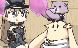 Rule 34 | 1girl, anchor hair ornament, armor, balloon, bismarck (kancolle), black serafuku, blonde hair, blue eyes, breastplate, brown gloves, cat, commentary request, cross, detached sleeves, gloves, grey legwear, hair flaps, hair ornament, hamu koutarou, hat, highres, iron cross, kantai collection, long hair, majo no takkyuubin, military, military hat, military uniform, peaked cap, remodel (kantai collection), scarf, school uniform, serafuku, tama (kancolle), the yuudachi-like creature, uniform, white scarf, yuudachi (kancolle)