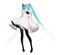 Rule 34 | 1girl, alternate costume, aqua eyes, aqua hair, arms at sides, asymmetrical clothes, black footwear, black thighhighs, boots, closed mouth, detached sleeves, dress, eyes visible through hair, frilled dress, frills, full body, hair between eyes, hair ribbon, hair rings, hatsune miku, high heel boots, high heels, highres, layered dress, long hair, long sleeves, looking at viewer, pigeon-toed, ribbon, sidelocks, simple background, single detached sleeve, sleeves past fingers, sleeves past wrists, smile, solo, standing, thigh boots, thighhighs, twintails, very long hair, vocaloid, vocaloid boxart pose, white background, white dress, white ribbon, wide sleeves, yyb, zettai ryouiki
