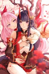 Rule 34 | 2girls, alternate color, bare shoulders, blue eyes, blush, branch, breasts, character signature, china dress, chinese clothes, closed mouth, couple, dress, elf, elysia (honkai impact), hair ornament, highres, honkai (series), honkai impact 3rd, horns, large breasts, long hair, long sleeves, looking at another, medium breasts, mofumanju, multiple girls, petals, pink eyes, pink hair, pointy ears, purple eyes, purple hair, raiden mei, raiden mei (herrscher of thunder), red dress, smile, thighhighs, white sleeves, white thighhighs, yuri