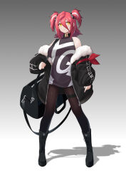 Rule 34 | 1girl, absurdres, armband, bag, boots, duffel bag, highres, hololive, hololive china, jacket, multicolored hair, open clothes, open jacket, pantyhose, red armband, red hair, shadow, short hair, simple background, sleeveless, smile, solo, spikes, standing, streaked hair, thigh strap, twintails, two-tone hair, virtual youtuber, white hair, yellow eyes, yogiri (hololive), z-jun.dd-zhong