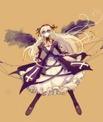 Rule 34 | 00s, 1girl, cross, full body, gothic lolita, hairband, lolita fashion, long hair, purple eyes, ringed eyes, rozen maiden, shoes, silver hair, simple background, solo, suigintou, terada tera, very long hair, wings