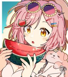 Rule 34 | 1girl, :o, animal, animal ears, animal on shoulder, arknights, bikini, blue sky, blush, border, bracelet, breasts, brown headwear, cat, cat ears, cat hair ornament, cleavage, cloud, commentary, dot nose, eyewear on head, food, food-themed hair ornament, fruit, goldenglow (arknights), goldenglow (summer flowers) (arknights), hair ornament, hairclip, hat, holding, holding food, jewelry, looking down, maguro kan, medium breasts, open mouth, outdoors, scottish fold, sky, sunglasses, swimsuit, tinted eyewear, upper body, watermelon, watermelon hair ornament, watermelon slice, white bikini