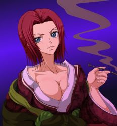 Rule 34 | 00s, 1girl, blue eyes, breasts, cleavage, code geass, japanese clothes, kouzuki kallen, kimono, large breasts, madhatter hello, red hair, short hair, smoking, solo