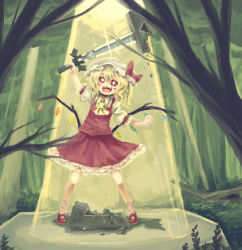 Rule 34 | + +, 1girl, :d, arm up, blonde hair, blush, broken, female focus, flandre scarlet, forest, hat, highres, mary janes, master sword, nature, nintendo, open mouth, red eyes, shoes, smile, solo, sword, the legend of zelda, touhou, triforce, weapon, wings, yunuki uta