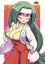 Rule 34 | 1girl, alternate breast size, artist name, bags under eyes, blouse, blush, border, bow, breasts, channeler (pokemon), chichibu (watson), creatures (company), frown, game freak, green hair, hakama, hakama skirt, hand on own chest, headband, highres, japanese clothes, kimono, large breasts, long hair, nintendo, npc trainer, outline, outside border, parted lips, pokemon, pokemon lgpe, red bow, red hakama, shirt, skirt, solo, sweatdrop, very long hair, white border, white headband, white kimono, white outline, yellow eyes, yellow kimono, yellow shirt