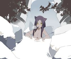 Rule 34 | 1girl, ahri (league of legends), animal ears, bad id, bad pixiv id, breasts, fox ears, fox tail, large breasts, league of legends, multiple tails, onsen, pipe in mouth, smoking pipe, snow, solo, tail