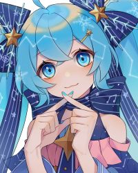 Rule 34 | 1girl, :3, ahoge, aqua nails, bare shoulders, beamed eighth notes, bow, bowtie, close-up, commentary, detached sleeves, diamond-shaped pupils, diamond (shape), hair bow, hair ornament, hairclip, hands up, hatsune miku, heridy, highres, long hair, looking at viewer, musical note, nail polish, portrait, smile, snowflake print, solo, staff (music), star (symbol), star hair ornament, symbol-only commentary, symbol-shaped pupils, treble clef, twintails, very long hair, vocaloid, x fingers, yuki miku, yuki miku (2017)