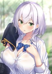 Rule 34 | 1girl, blue bow, blue bowtie, blurry, blurry background, blush, bow, bowtie, breasts, cleavage, collared shirt, green eyes, hair between eyes, hair ornament, highres, holding, holding towel, hololive, large breasts, long sleeves, looking at viewer, medium hair, menmen (menmen13s), parted lips, school uniform, shirogane noel, shirogane noel (school uniform), shirt, silver hair, solo, sweat, towel, upper body, virtual youtuber, white shirt