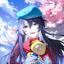 1girl :d bambietta_basterbine beret black_hair bleach bleach:_sennen_kessen-hen blue_hat blue_scarf casual cherry_blossoms clothes_writing commentary day deadman70232800 eyelashes hair_between_eyes hands_up happy hat highres holding holding_stuffed_toy jacket kon_(bleach) long_hair official_alternate_costume open_mouth outdoors purple_eyes red_jacket scarf smile solo stuffed_animal stuffed_lion stuffed_toy teeth tsurime turtleneck upper_body upper_teeth_only zipper