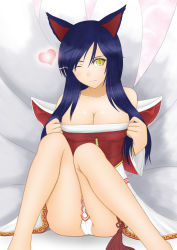 Rule 34 | 1girl, ahri (league of legends), animal ears, bare legs, bare shoulders, blue hair, breasts, cleavage, collarbone, detached sleeves, fox, fox ears, fox tail, heart, large breasts, league of legends, looking at viewer, multiple tails, panties, sitting, solo, tail, tonnelee, underwear, white panties, wink, yellow eyes