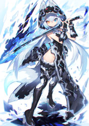 Rule 34 | 1girl, animal ears, animal hood, arms up, bare shoulders, black dress, black footwear, blue eyes, blue hair, boots, breasts, bridal gauntlets, brown eyes, closed mouth, commentary request, dress, fox ears, fox girl, fox hood, fox tail, hair between eyes, head tilt, heterochromia, high heel boots, high heels, holding, holding sword, holding weapon, hood, hood up, index finger raised, large breasts, looking at viewer, mamuru, no panties, original, pelvic curtain, sleeveless, sleeveless dress, solo, standing, sword, tail, thigh boots, thighhighs, weapon