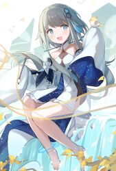 Rule 34 | 1girl, bare shoulders, barefoot, bird, bird on hand, blue eyes, blush, branch, breasts, detached sleeves, dress, genshin impact, grey hair, guizhong (genshin impact), hair ornament, highres, leaf, long hair, long sleeves, open mouth, paintbrush, sleeves past fingers, sleeves past wrists, small breasts, ta nuki, water, waterfall, wide sleeves