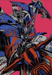Rule 34 | 1boy, autobot, flame print, highres, holding, holding sword, holding weapon, mecha, oohara tetsuya, open hand, optimus prime, pink background, red eyes, robot, science fiction, solo, sword, transformers, transformers: the last knight, transformers (live action), weapon