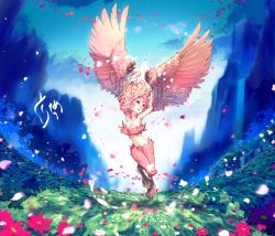 Rule 34 | 1girl, absurdres, aqua eyes, armpits, arms up, breasts, cleavage, commentary request, copyright request, feathered wings, floating hair, flower, harpy, highres, leaf, medium breasts, monster girl, navel, p!k@ru, petals, pink flower, pink hair, plant, solo, wide shot, winged arms, wings