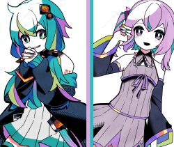 Rule 34 | 2girls, alternate hairstyle, aqua eyes, aqua hair, artist name, bare shoulders, black jacket, black sleeves, bright pupils, collared dress, commentary, cosplay, detached sleeves, dress, flat chest, grin, hair between eyes, hair ornament, hairstyle switch, halftone, hand up, hatsune miku, hatsune miku (cosplay), highres, jacket, long hair, long sleeves, looking at viewer, low twintails, machigami yoh, medium hair, multicolored hair, multicolored nails, multiple girls, nail polish, number tattoo, off shoulder, open mouth, own hands together, pleated dress, purple dress, purple eyes, purple hair, purple ribbon, rabbit tattoo, ribbon, shoulder tattoo, signature, simple background, sleeveless, sleeveless dress, sleeves past wrists, smile, standing, streaked hair, tattoo, twintails, twitter username, upper body, vocaloid, watermark, white background, white dress, white pupils, yuzuki yukari, yuzuki yukari (cosplay)