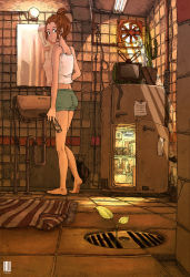 Rule 34 | 1girl, :&lt;, bare shoulders, barefoot, bathroom, bottle, brown eyes, brown hair, cactus, camisole, crt, electric fan, fluorescent lamp, from behind, hair bun, highres, indoors, industrial pipe, inukoko, lamp, light rays, looking back, mirror, original, plant, potted plant, reflection, refrigerator, short hair, shorts, single hair bun, sink, solo, sprout, standing, sunbeam, sunlight, television, tiles
