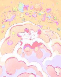 Rule 34 | 2others, animal, animal focus, beach, closed eyes, foaming waves, lying, multiple others, ocean, on back, original, partially submerged, pastel colors, rabbit, rii abrego, sand, seashell, shell, shore, signature, sleeping, starfish, water, white fur