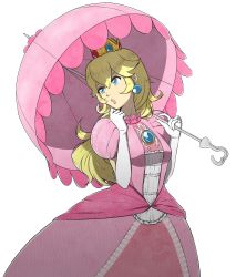 Rule 34 | 1girl, blonde hair, blue eyes, breasts, brooch, clenched hand, crown, dress, earrings, elbow gloves, eyelashes, fire emblem, fire emblem fates, frilled dress, frills, gloves, hands up, highres, holding, holding umbrella, jewelry, lips, lithety, long hair, looking to the side, mario (series), medium breasts, nintendo, nostrils, official style, over shoulder, parasol, parted lips, pink dress, pink lips, pink umbrella, princess peach, puffy short sleeves, puffy sleeves, shade, short sleeves, solo, super mario bros. 1, transparent background, umbrella, white gloves