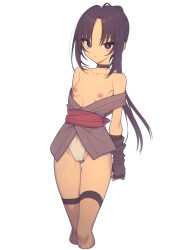 Rule 34 | 1girl, bare shoulders, black choker, black eyes, black hair, breasts, bright pupils, cameltoe, choker, clothes down, commentary request, cropped legs, everyntrge, fingerless gloves, fishnet thighhighs, fishnets, gloves, grey kimono, highleg, highleg panties, japanese clothes, kimono, long hair, looking at viewer, ninja, obi, original, panties, ponytail, sash, short kimono, simple background, small breasts, solo, thigh gap, thighhighs, underwear, white background, white panties, white pupils