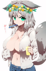 Rule 34 | 10s, 1girl, animal ears, blush, breasts, cleavage, fantasista doll, female focus, green eyes, kono si, large breasts, looking at viewer, mouth hold, navel, no bra, open clothes, open shirt, shirt, short hair, silver hair, solo, tail, tokyo (great akuta), toothbrush in mouth
