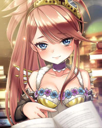 Rule 34 | 1girl, artist request, blue eyes, blush, book, book stack, bookshelf, brown hair, choker, detached sleeves, goggles, goggles on head, hair between breasts, long hair, official art, open book, paracelsus (phantom of the kill), phantom of the kill, ponytail, smile