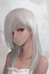 Rule 34 | 1girl, bare shoulders, closed mouth, commentary, dress, english commentary, grey background, grey eyes, grey hair, hair over one eye, highres, looking at viewer, md5 mismatch, oopartz yang, original, solo, upper body, white dress
