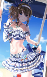 Rule 34 | 1girl, arm scrunchie, bare shoulders, beach umbrella, blue eyes, blue nails, blush, bracelet, breasts, brown hair, cellphone, cellphone photo, cleavage, clothes lift, collarbone, commentary request, frilled skirt, frills, hair up, hairband, head tilt, heart, heart necklace, highres, idolmaster, idolmaster cinderella girls, idolmaster cinderella girls starlight stage, jewelry, large breasts, light blush, long hair, looking at viewer, midriff, nail polish, name tag, navel, necklace, nonono (1399900), phone, ponytail, pov, pov hands, sagisawa fumika, skirt, skirt lift, smartphone, smile, solo, strapless, umbrella