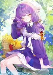 1girl :d absurdres aya_(aya_op10s) closed_eyes commentary dress english_commentary facing_viewer feet_out_of_frame frilled_sleeves frills grin hat highres little_goody_two_shoes long_hair long_sleeves open_mouth outdoors patchwork_clothes purple_dress rock rozenmarine_(little_goody_two_shoes) shawl sitting smile soaking_feet solo straw_doll straw_hat unworn_hat unworn_headwear water white_shawl