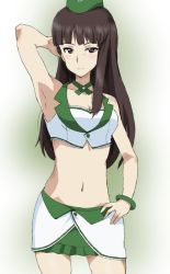 Rule 34 | 1girl, alternate costume, arm behind head, arm up, armpits, blunt bangs, bracelet, breasts, choker, cleavage, closed mouth, commentary, cowboy shot, crop top, girls und panzer, green choker, hand on own hip, jewelry, kayabakoro, light frown, looking at viewer, mature female, medium breasts, miniskirt, navel, nishizumi shiho, one-hour drawing challenge, race queen, shirt, skirt, sleeveless, sleeveless shirt, solo, standing, straight hair, white shirt, white skirt