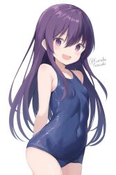 Rule 34 | 1girl, akatsuki (kancolle), arms behind back, blue one-piece swimsuit, breasts, covered navel, highres, kantai collection, long hair, looking at viewer, old school swimsuit, one-piece swimsuit, purple eyes, purple hair, school swimsuit, simple background, skin tight, small breasts, smile, solo, swimsuit, tateishi kureha, twitter username, white background